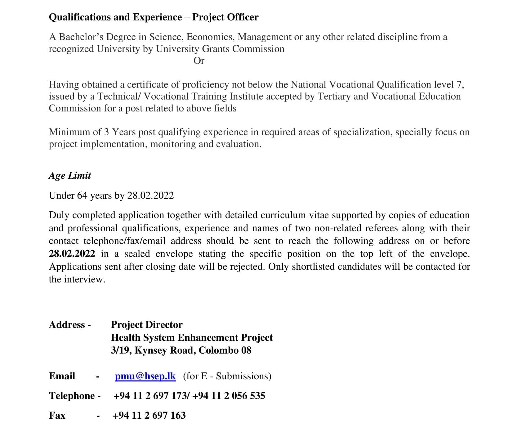 Monitoring & Evaluation Officer, Project Secretary, Project Officer - Ministry of Health - Central Province