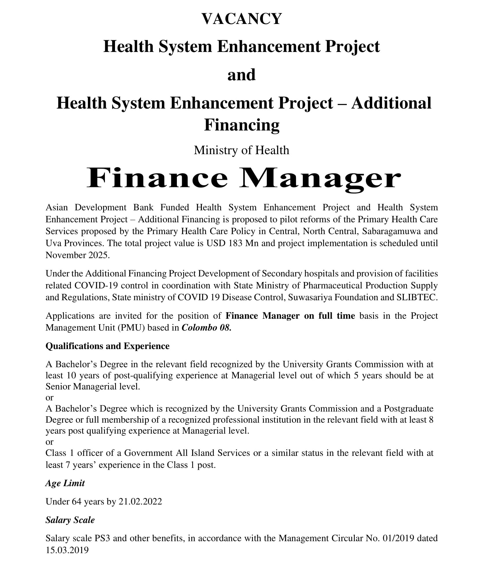 Finance Manager - Ministry of Health - Central Province