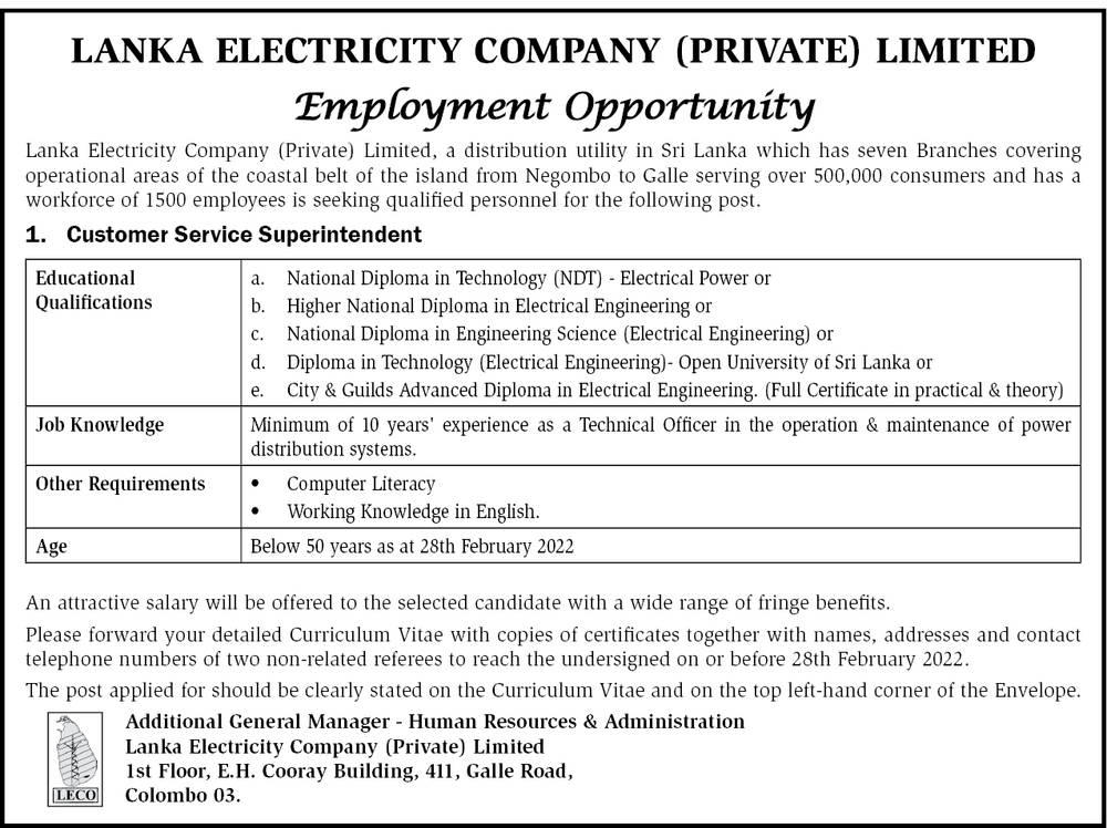 Customer Service Superintendent - Lanka Electricity Company (Private) Limited