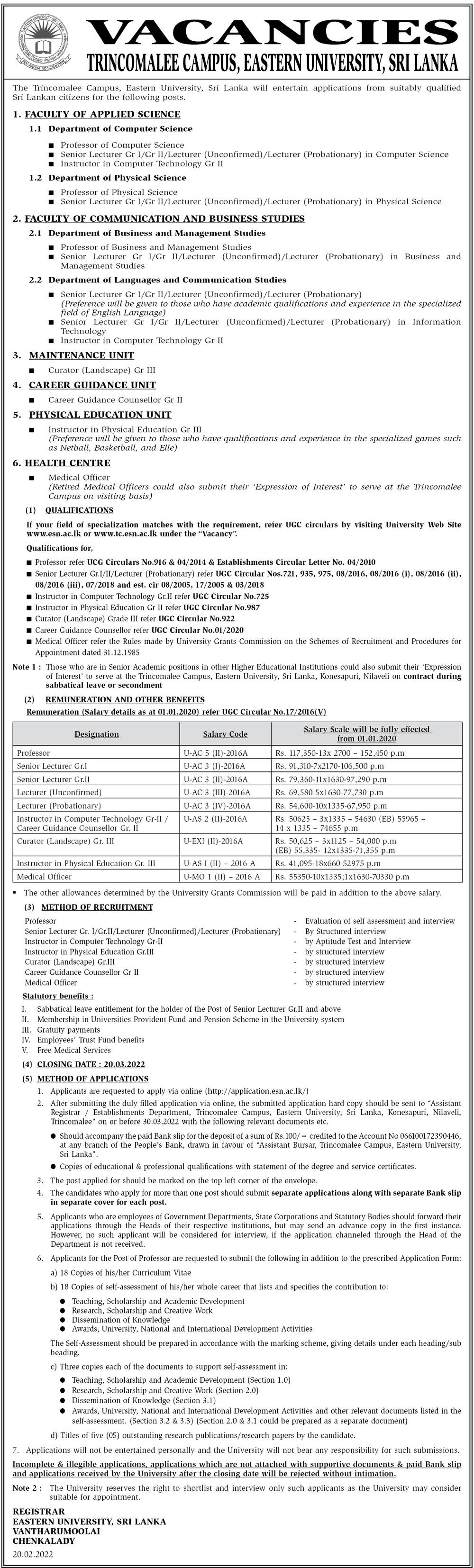 Professor, Senior Lecturer, Lecturer, Instructor, Curator (Landscape), Medical Officer - Trincomalee Campus, Eastern University