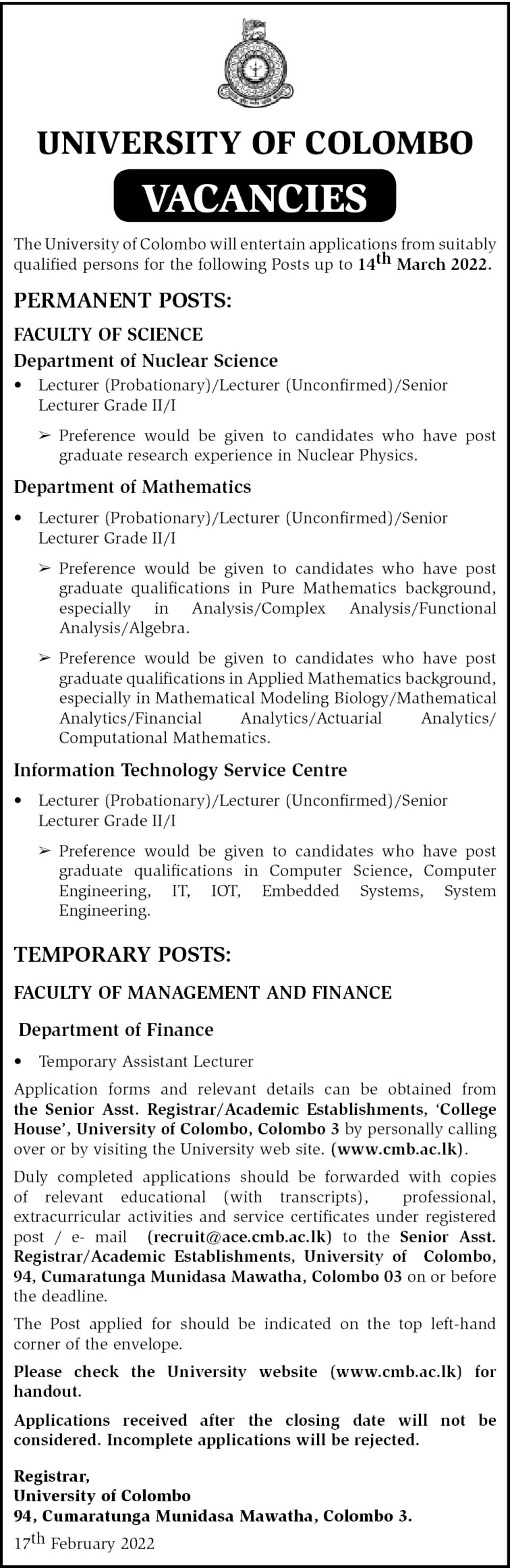 Senior Lecturer, Lecturer, Assistant Lecturer - University of Colombo