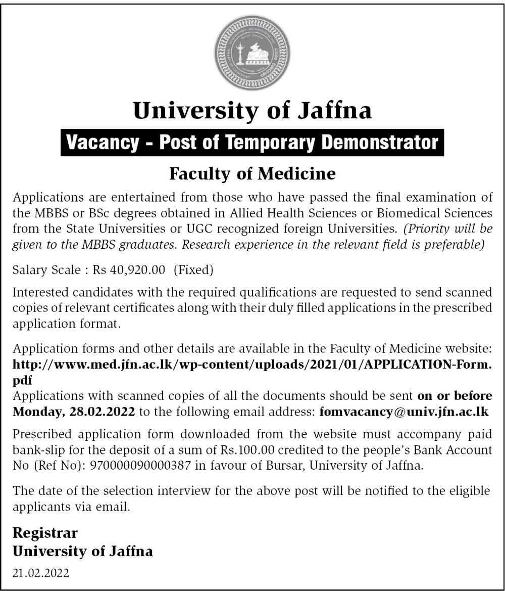 Demonstrator - University of Jaffna