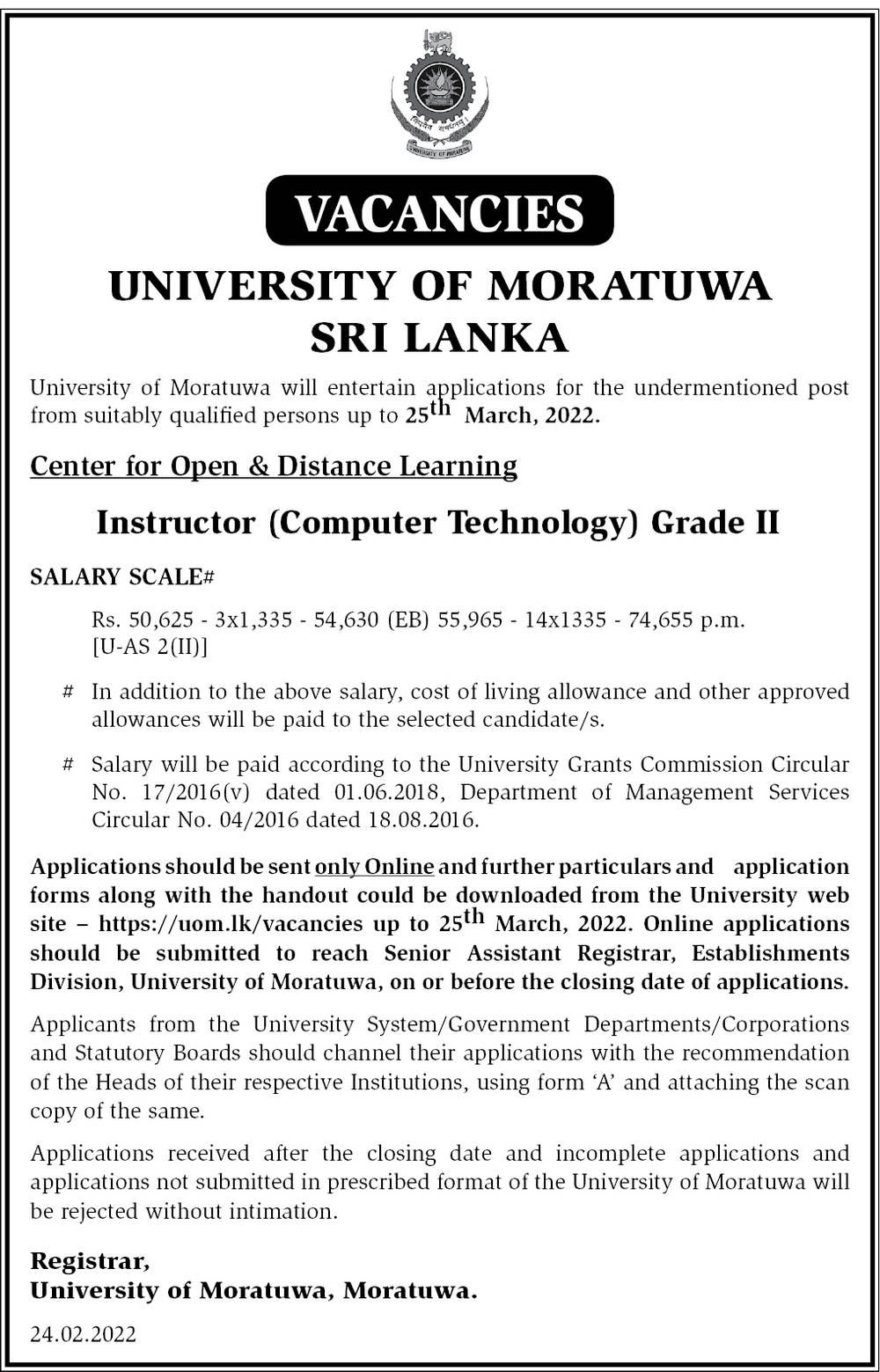 Instructor (Computer Technology) - University of Moratuwa