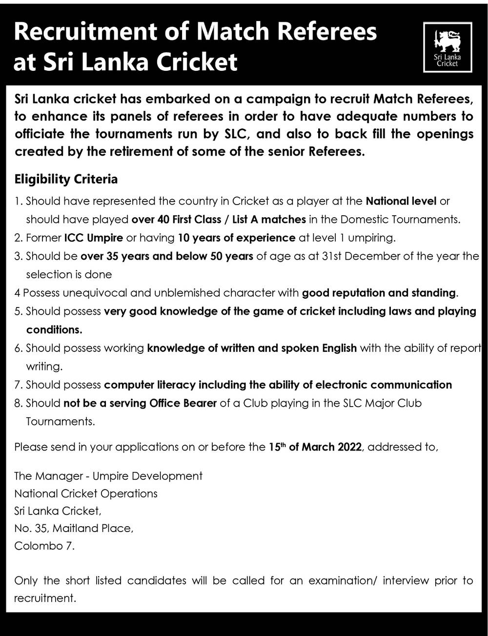 Match Referees - Sri Lanka Cricket