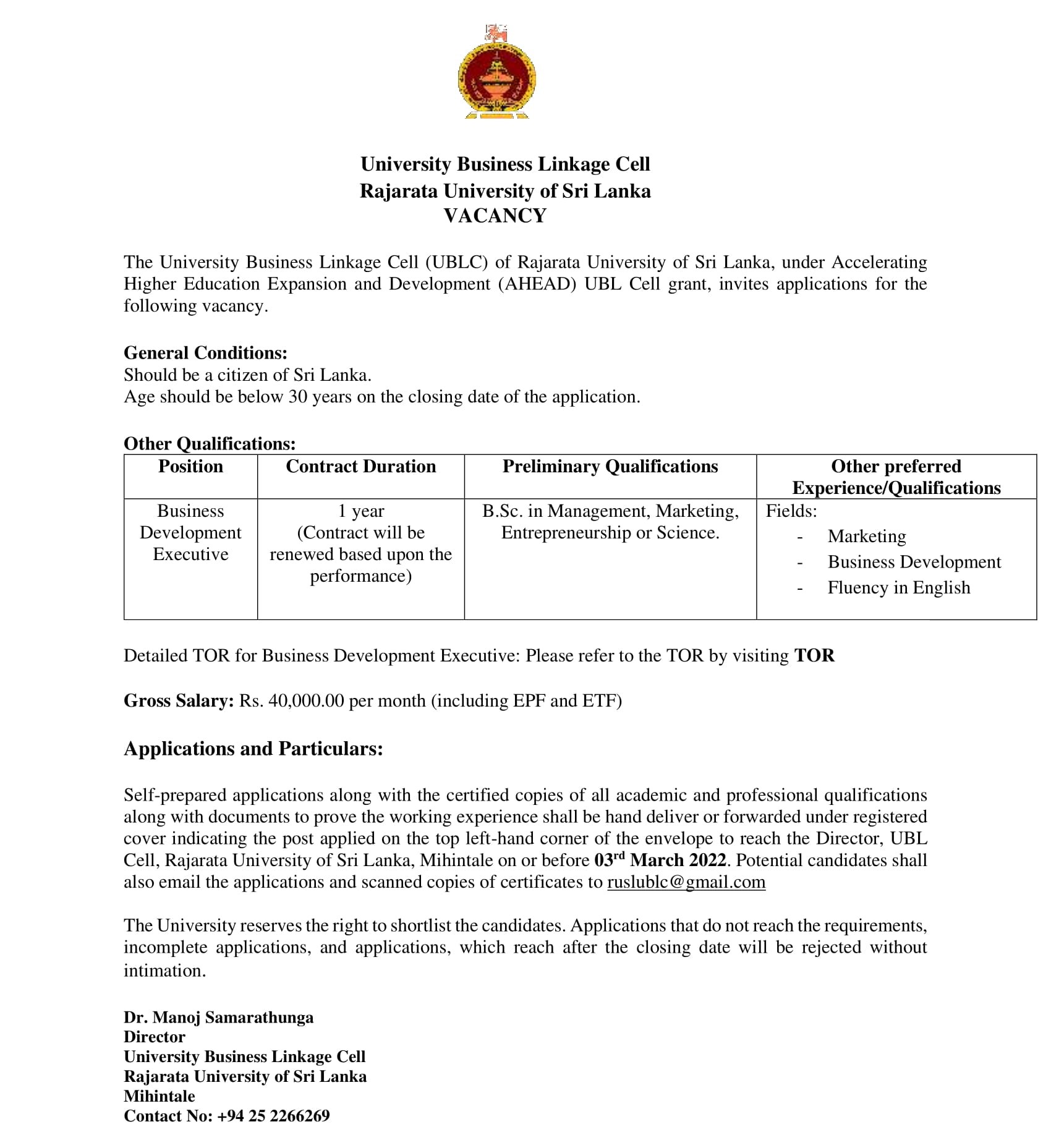 Business Development Executive - Rajarata University of Sri Lanka