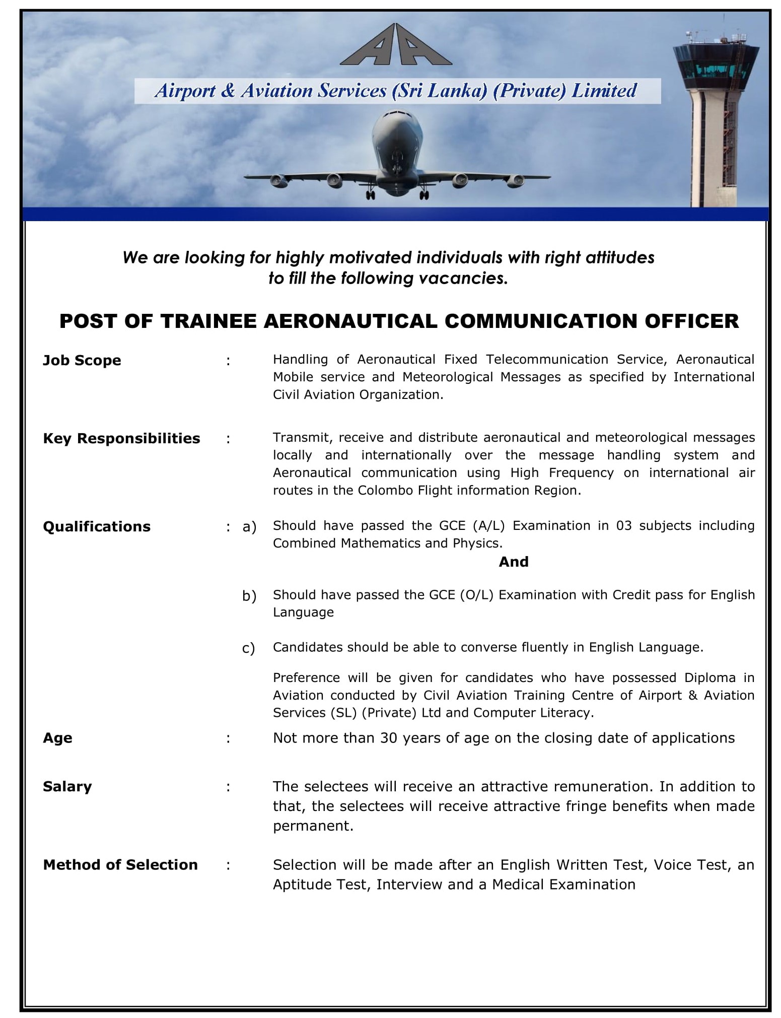 Trainee Aeronautical Communication Officer, Trainee Air Traffic Controller - Airport & Aviation Services (Sri Lanka) (Private) Limited