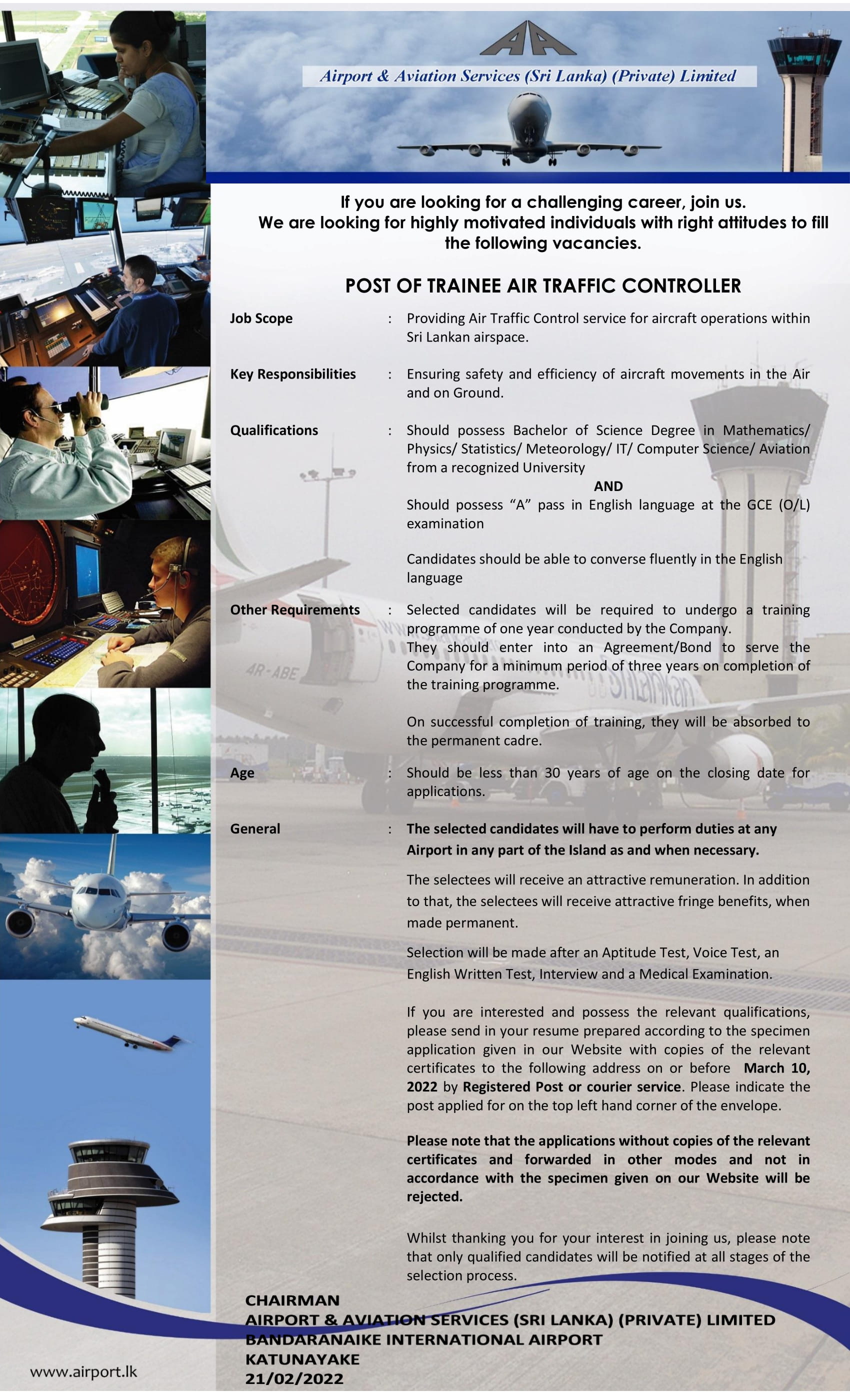 Trainee Aeronautical Communication Officer, Trainee Air Traffic Controller - Airport & Aviation Services (Sri Lanka) (Private) Limited