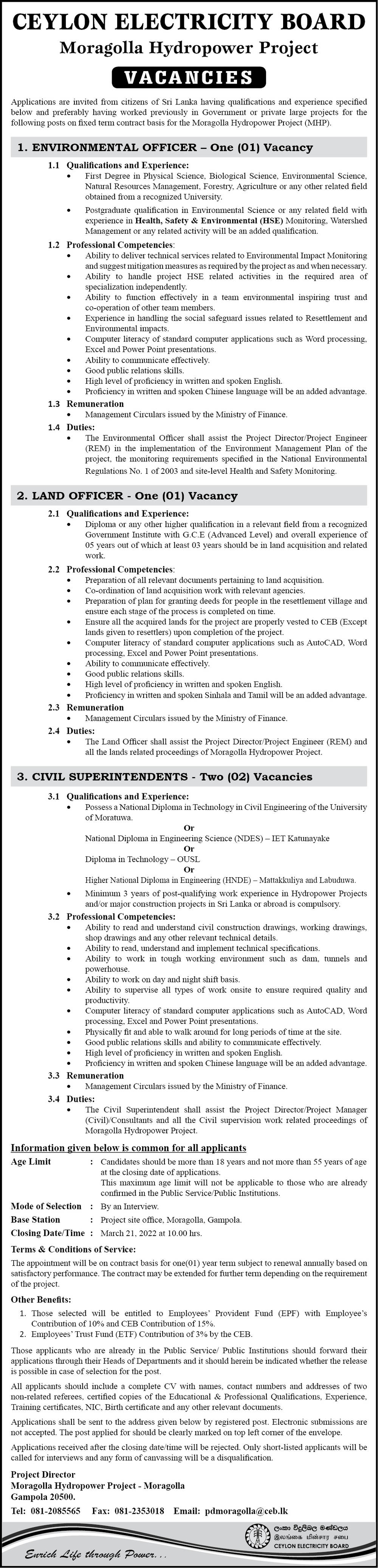 Environmental Officer, Land Officer, Civil Superintendent - Ceylon Electricity Board