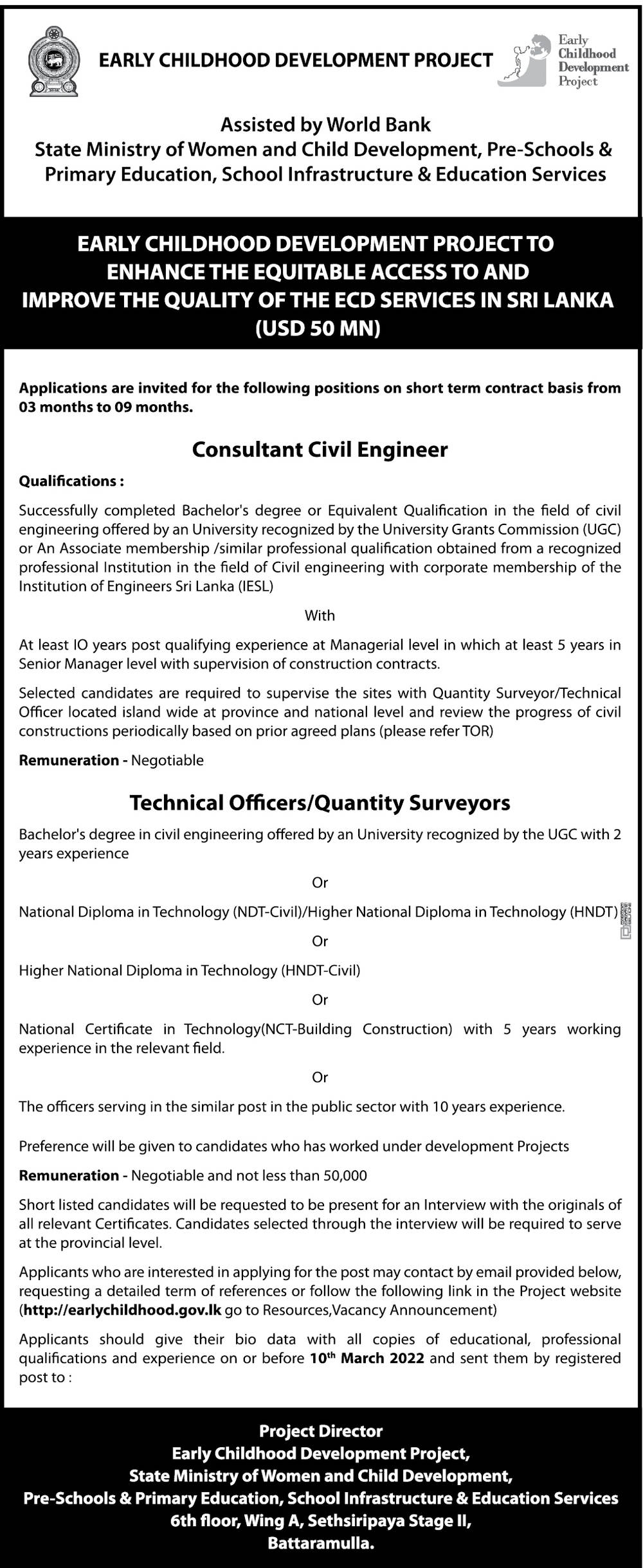 Consultant Civil Engineer, Technical Officer, Quantity Surveyor - State Ministry of Women & Child Development, PreSchool & Primary Education, School Infrastructure & Education Services