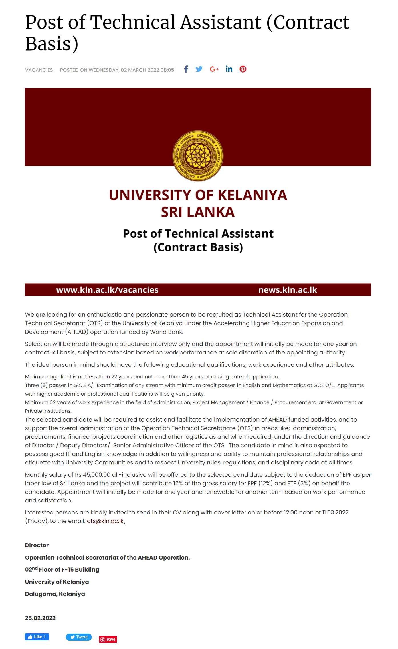 Technical Assistant - University of Kelaniya