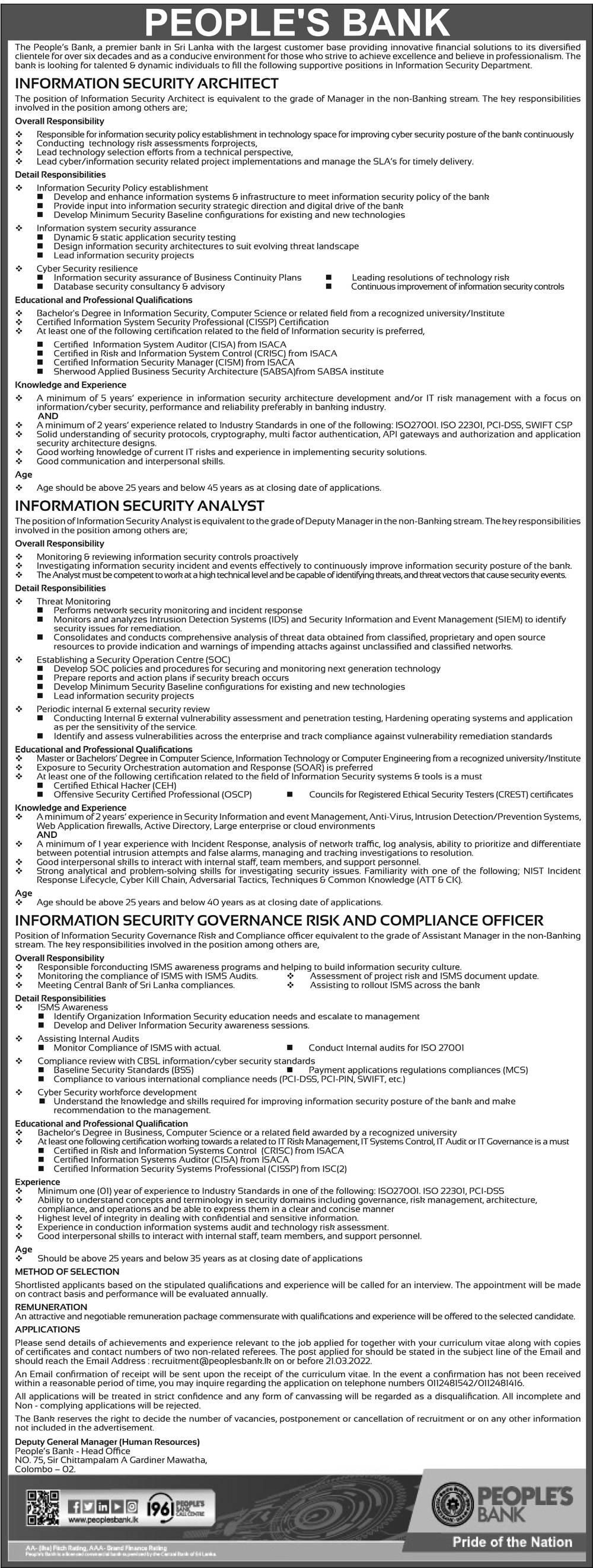 Information Security Architect, Information Security Analyst, Information Security Governance Risk & Compliance Officer - Peopleâ€™s Bank