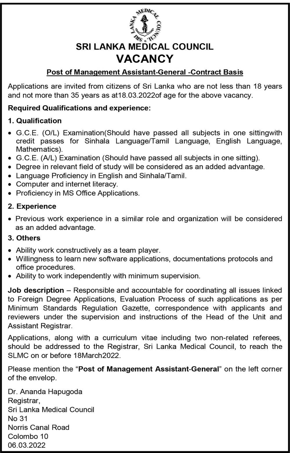 Management Assistant - Sri Lanka Medical Council