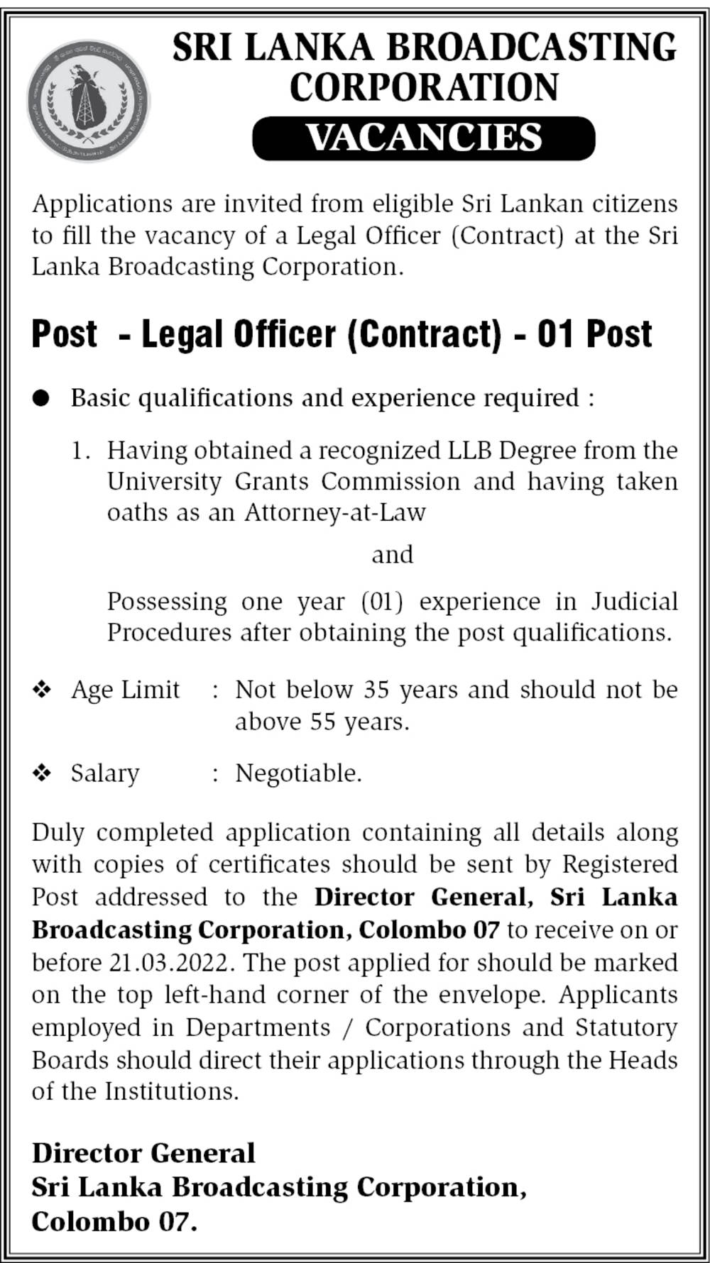 Legal Officer - Sri Lanka Broadcasting Corporation