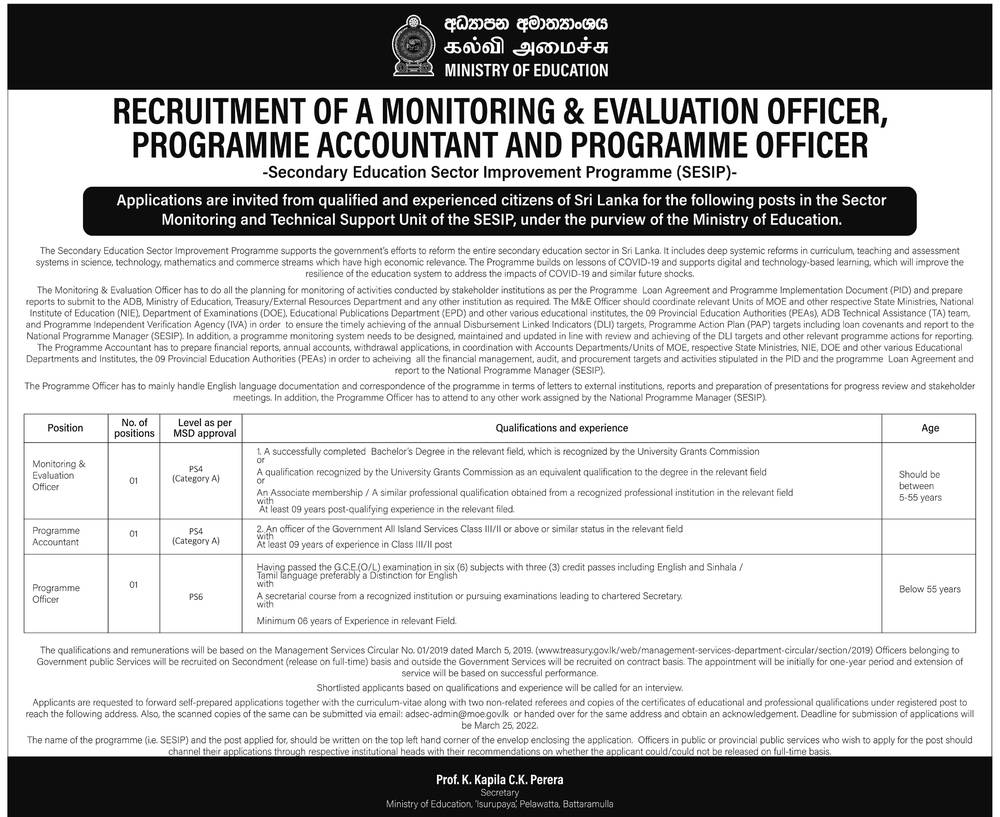 Monitoring & Evaluation Officer, Programme Accountant, Programme Officer - Ministry of Education