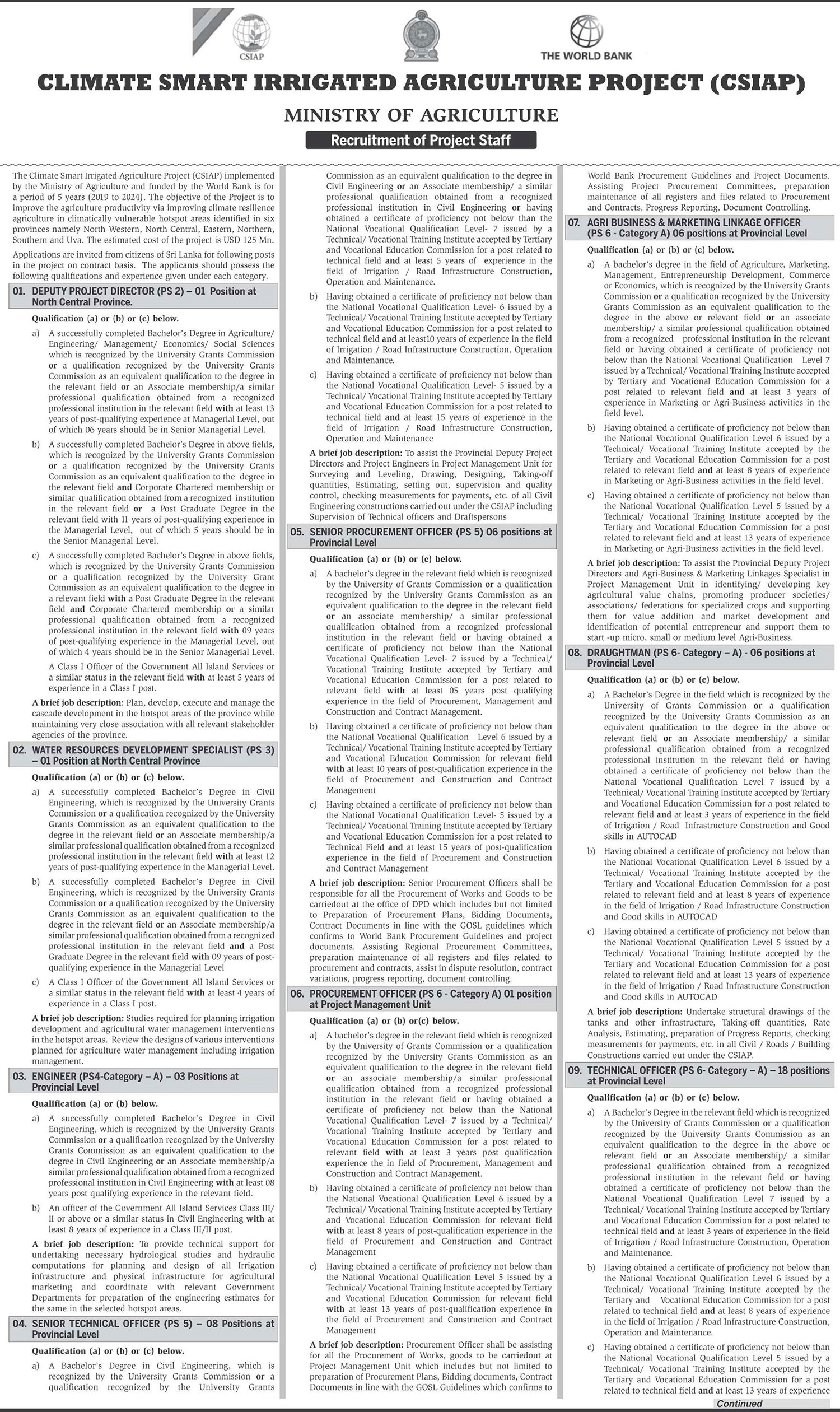 Deputy Project Director, Water Resources Development Specialist, Engineer, Technical Officer, Procurement Officer, Agri Business & Marketing Linkage Officer, Draughtman, Monitoring & Evaluation Officer, Finance Officer, Social Safeguard Officer, Gender Development Officer, Agriculture Facilitator - Ministry of Agriculture