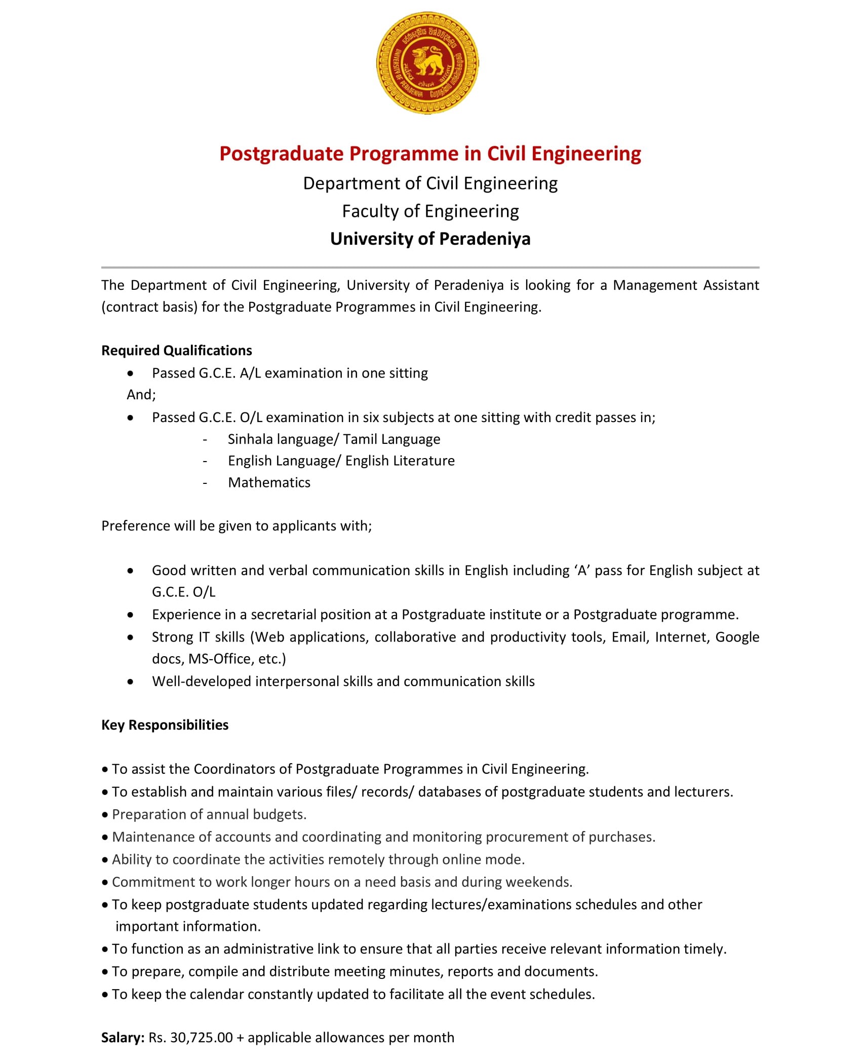 Management Assistant - University of Peradeniya