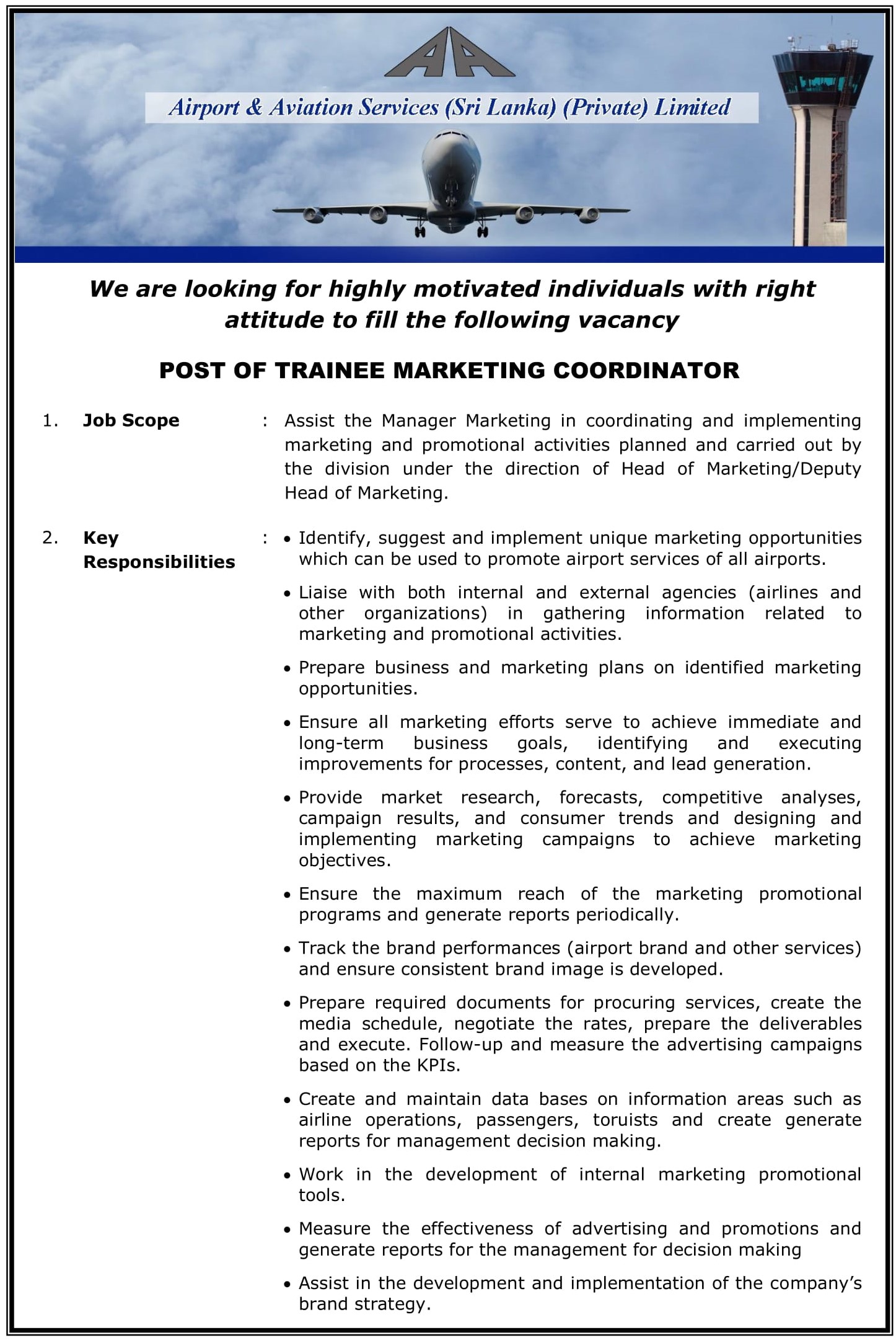 Trainee Marketing Coordinator - Airport & Aviation Services (Sri Lanka) (Private) Limited