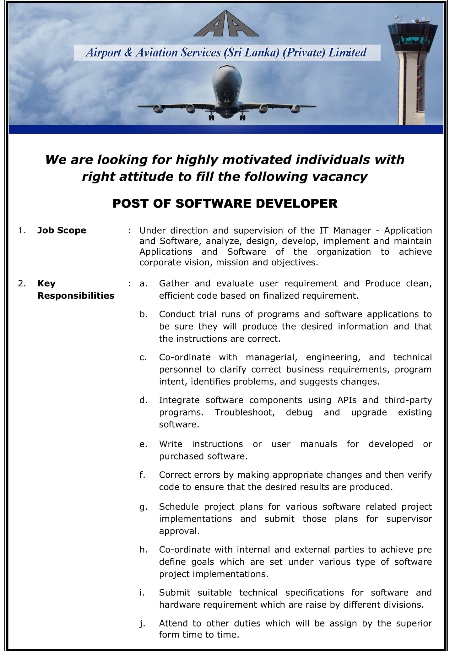 Software Developer - Airport & Aviation Services (Sri Lanka) (Private) Limited