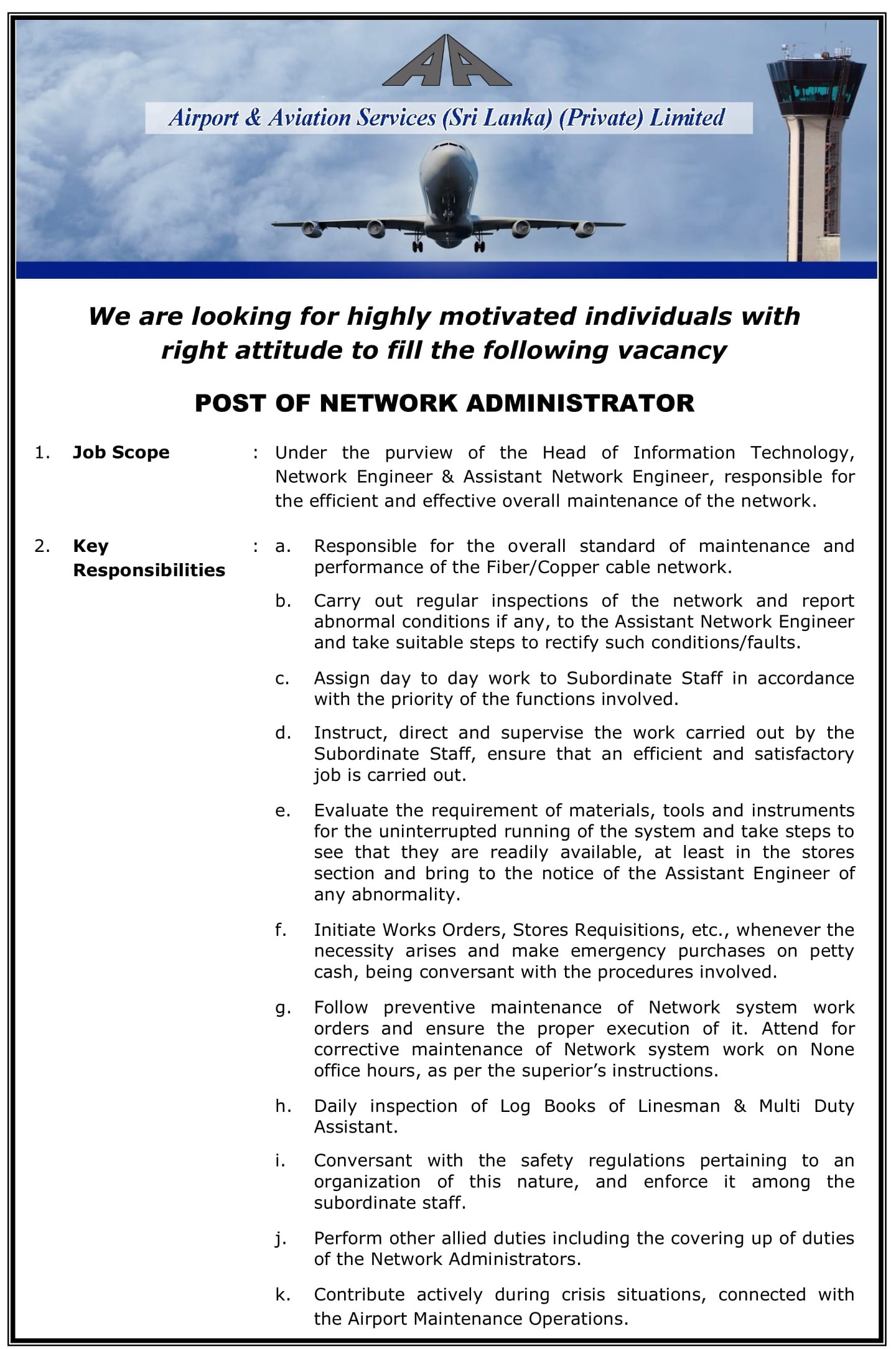 Network Administrator - Airport & Aviation Services (Sri Lanka) (Private) Limited