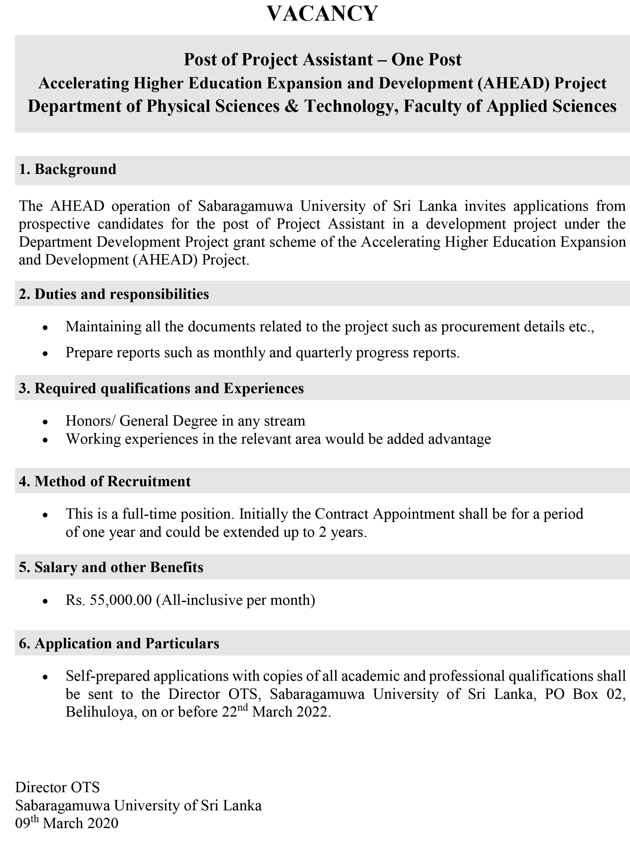 Project Assistant - Sabaragamuwa University of Sri Lanka