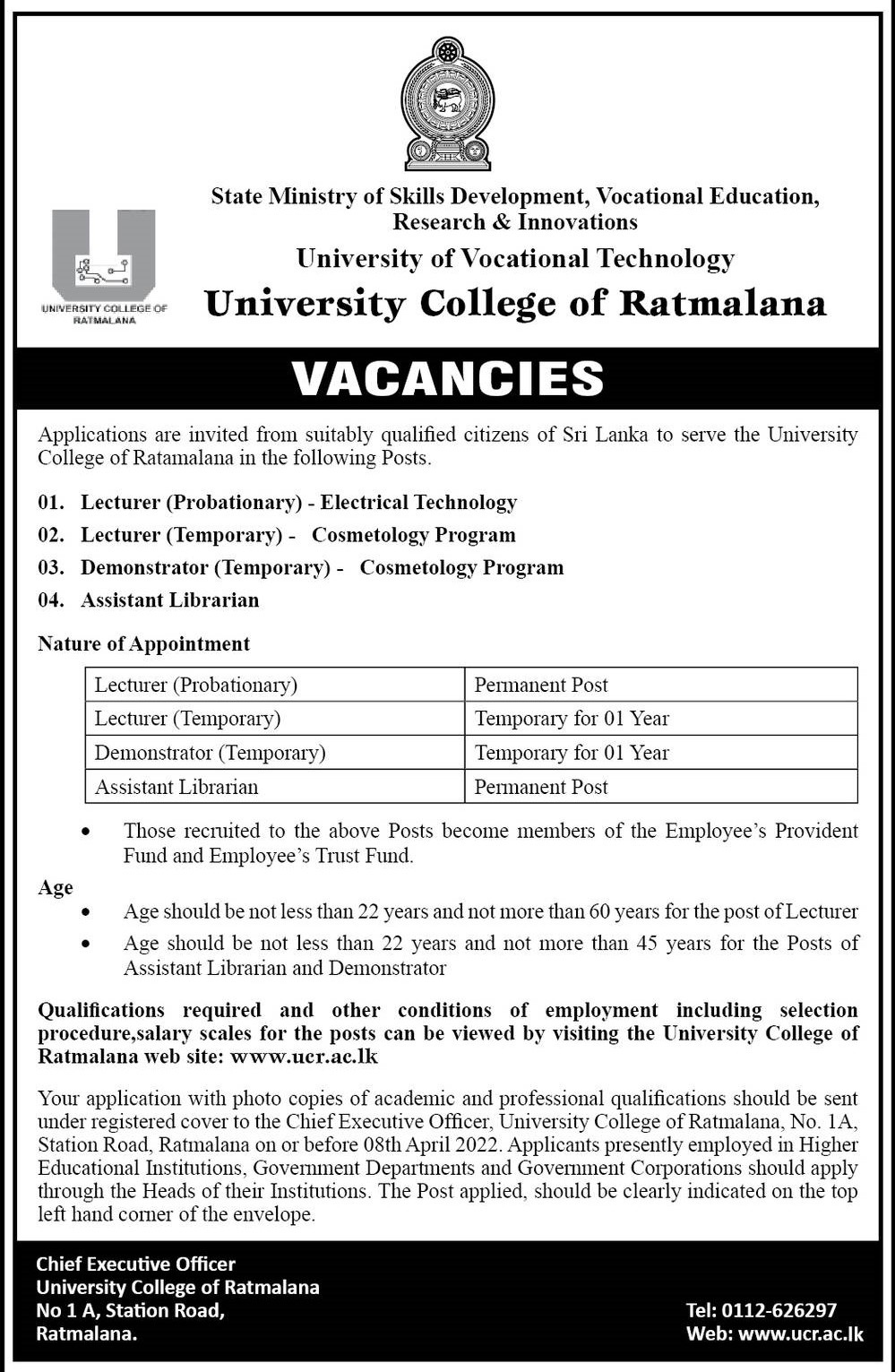 Assistant Librarian, Demonstrator, Lecturer - University College of Rathmalana - University of Vocational Technology