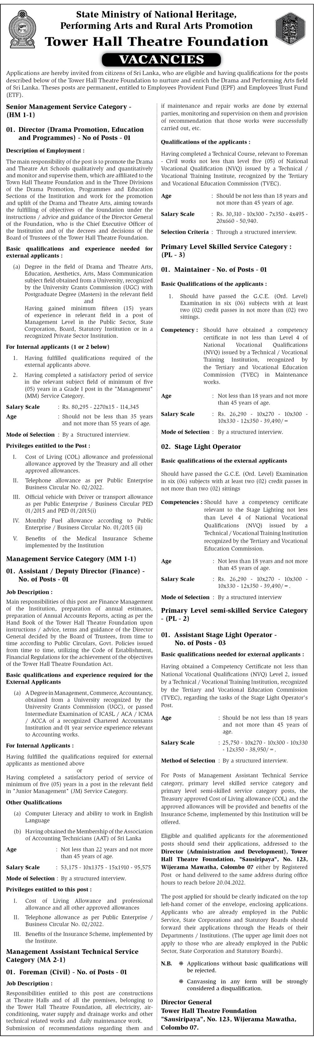 Foreman (Civil), Maintainer, Stage Light Operator, Assistant Stage Light Operator, Director, Assistant/Deputy Director (Finance) - Tower Hall Theatre Foundation