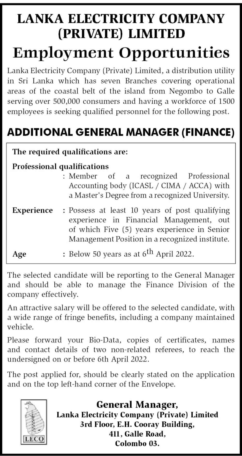 Additional General Manager (Finance), Deputy General Manager (IT) - Lanka Electricity Company (Private) Limited