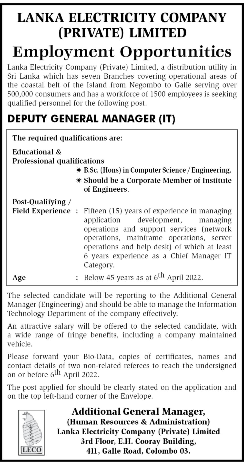 Additional General Manager (Finance), Deputy General Manager (IT) - Lanka Electricity Company (Private) Limited