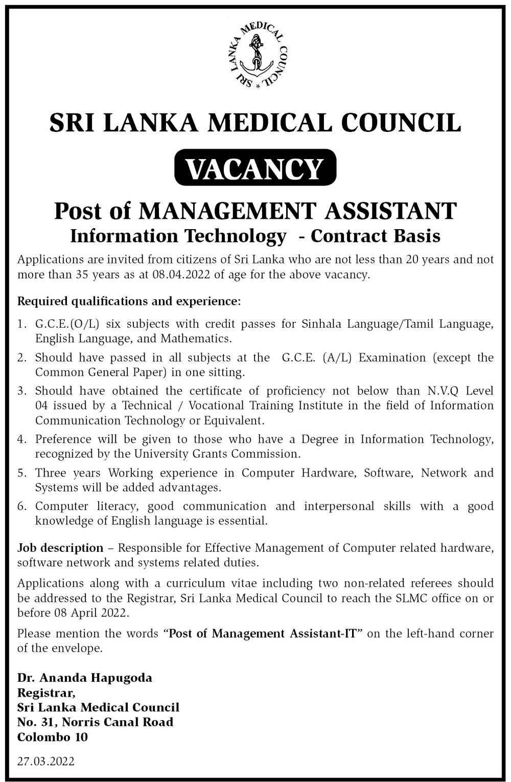 Management Assistant (Information Technology) - Sri Lanka Medical Council