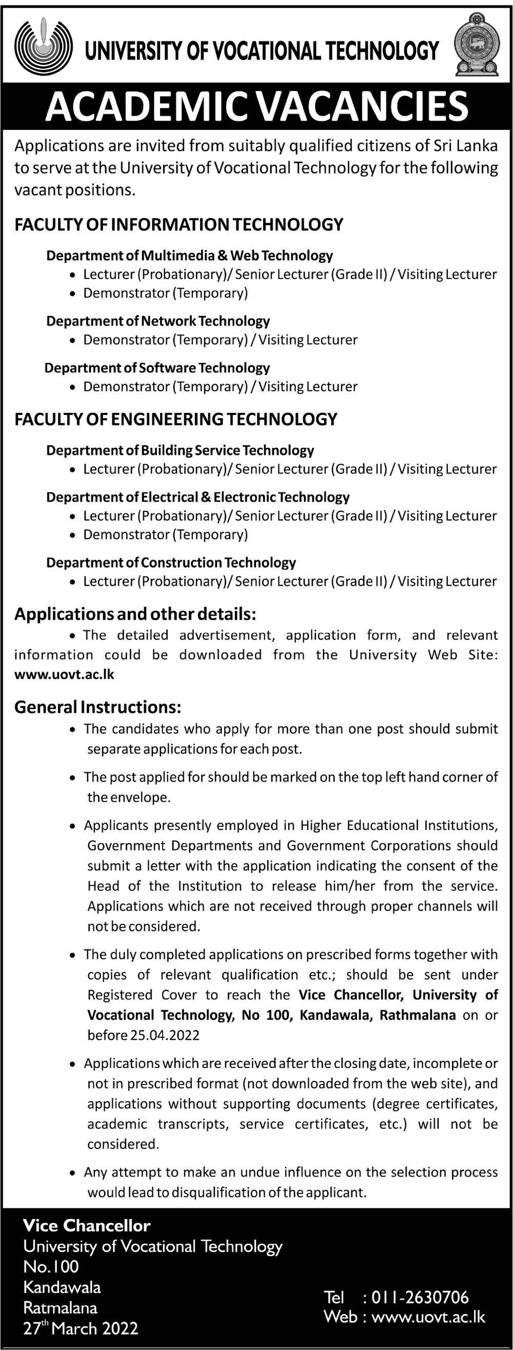 Lecturer, Senior Lecturer, Visiting Lecturer, Demonstrator - University of Vocational Technology