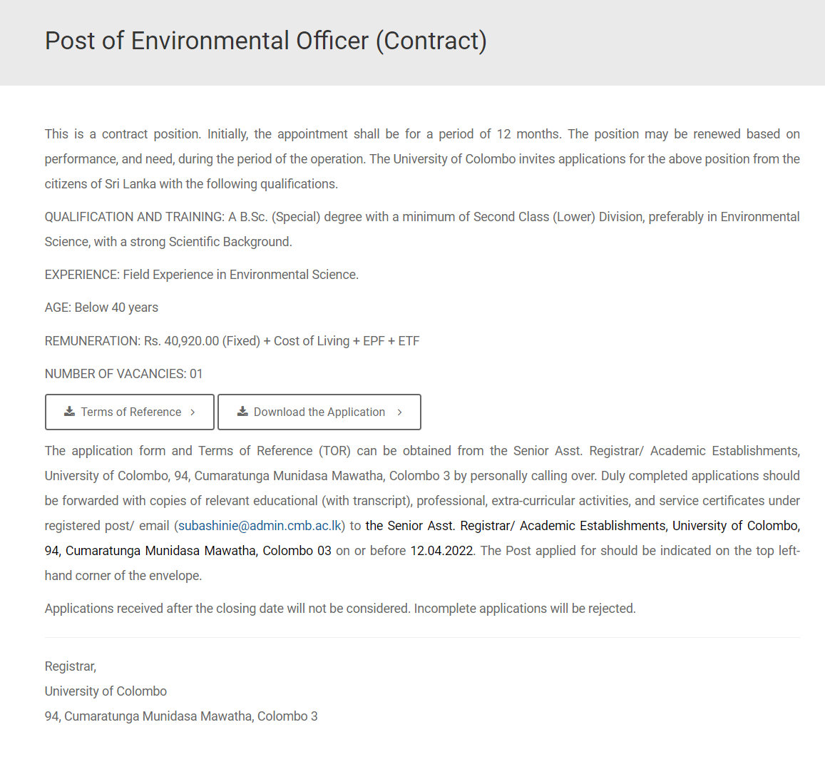 Environmental Officer - University of Colombo