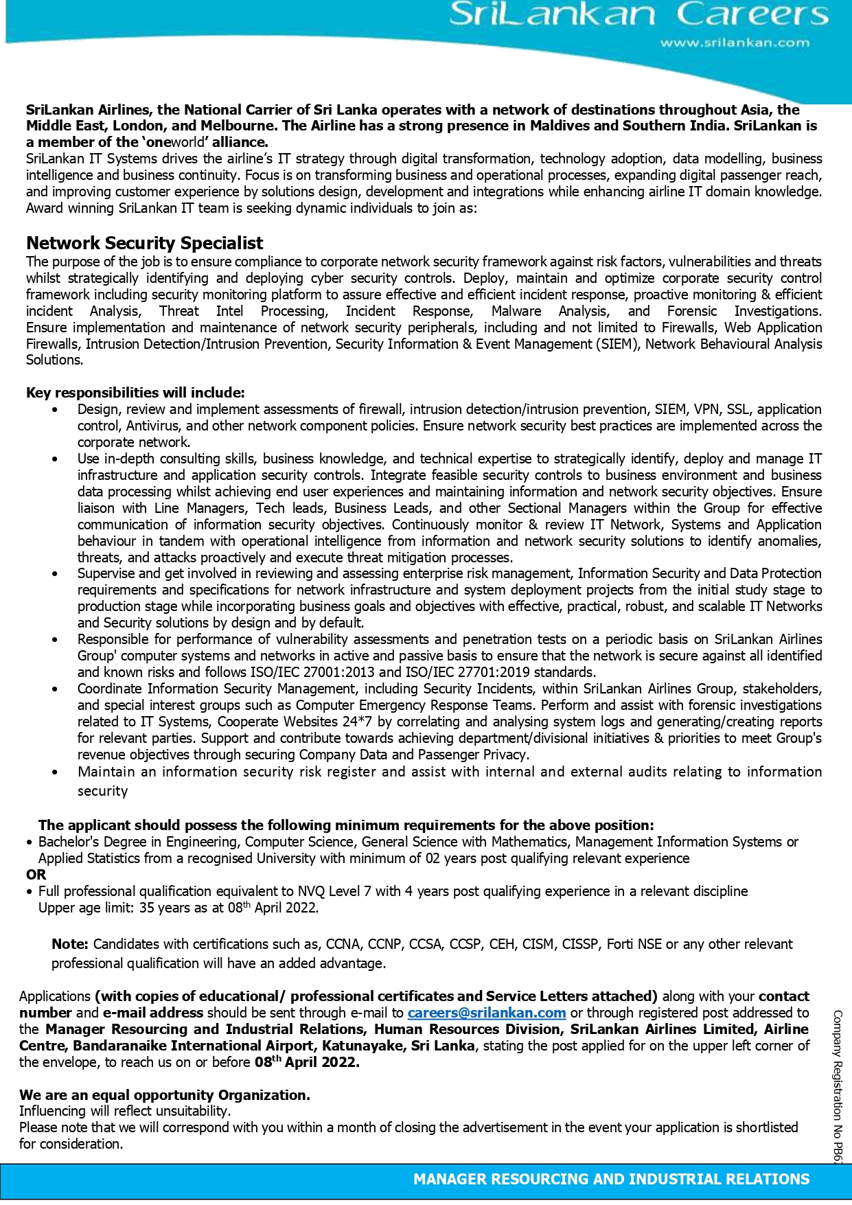 Network Security Specialist - SriLankan Airlines