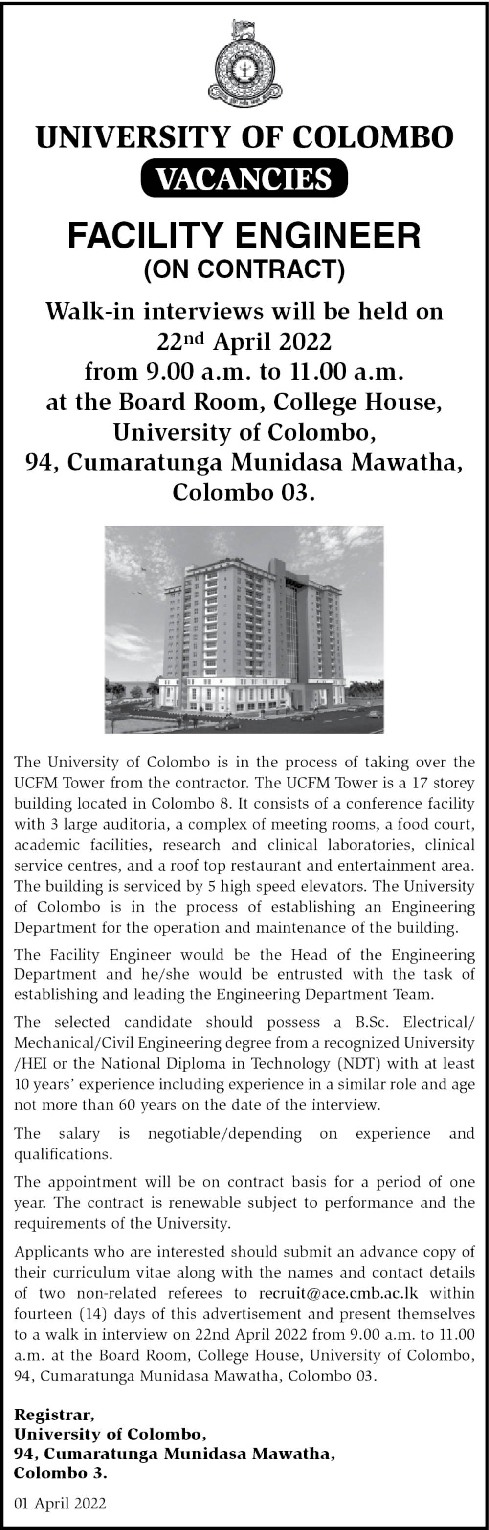 Facility Engineer - University of Colombo