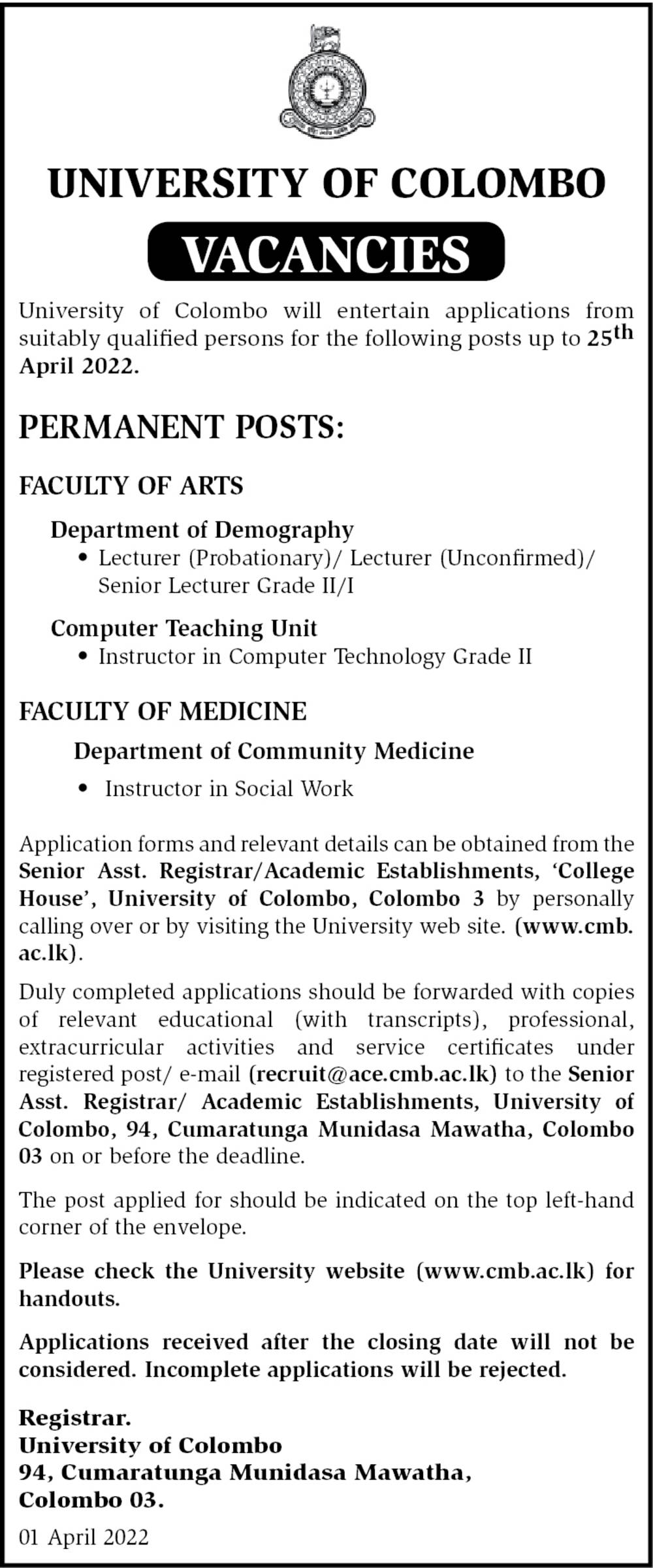 Lecturer, Senior Lecturer, Instructor in Social Work - University of Colombo