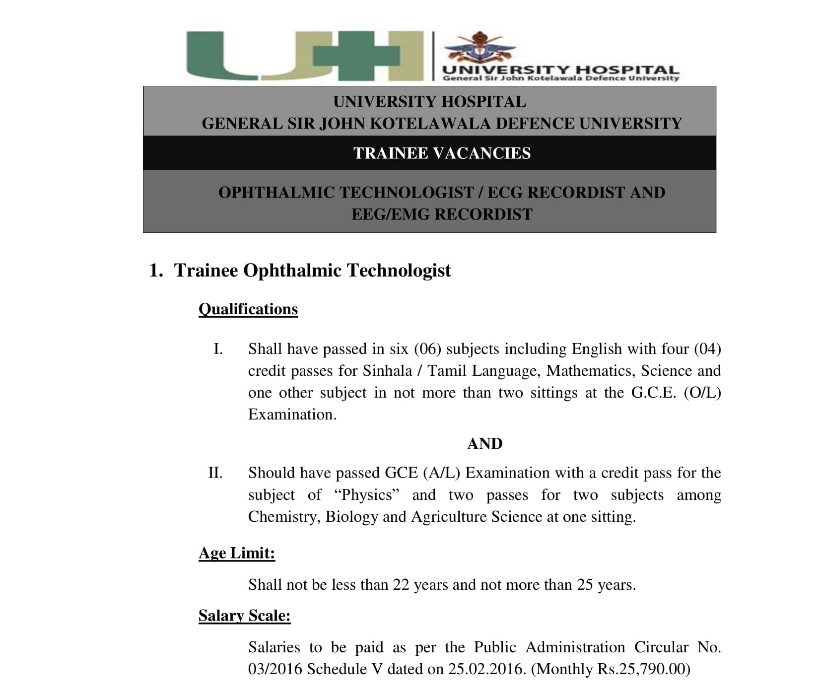 Trainee Ophthalmic Technologist, Trainee ECG Recordist, Trainee EEG/ EMG Recordist - University Hospital - General Sir John Kotelawala Defence University