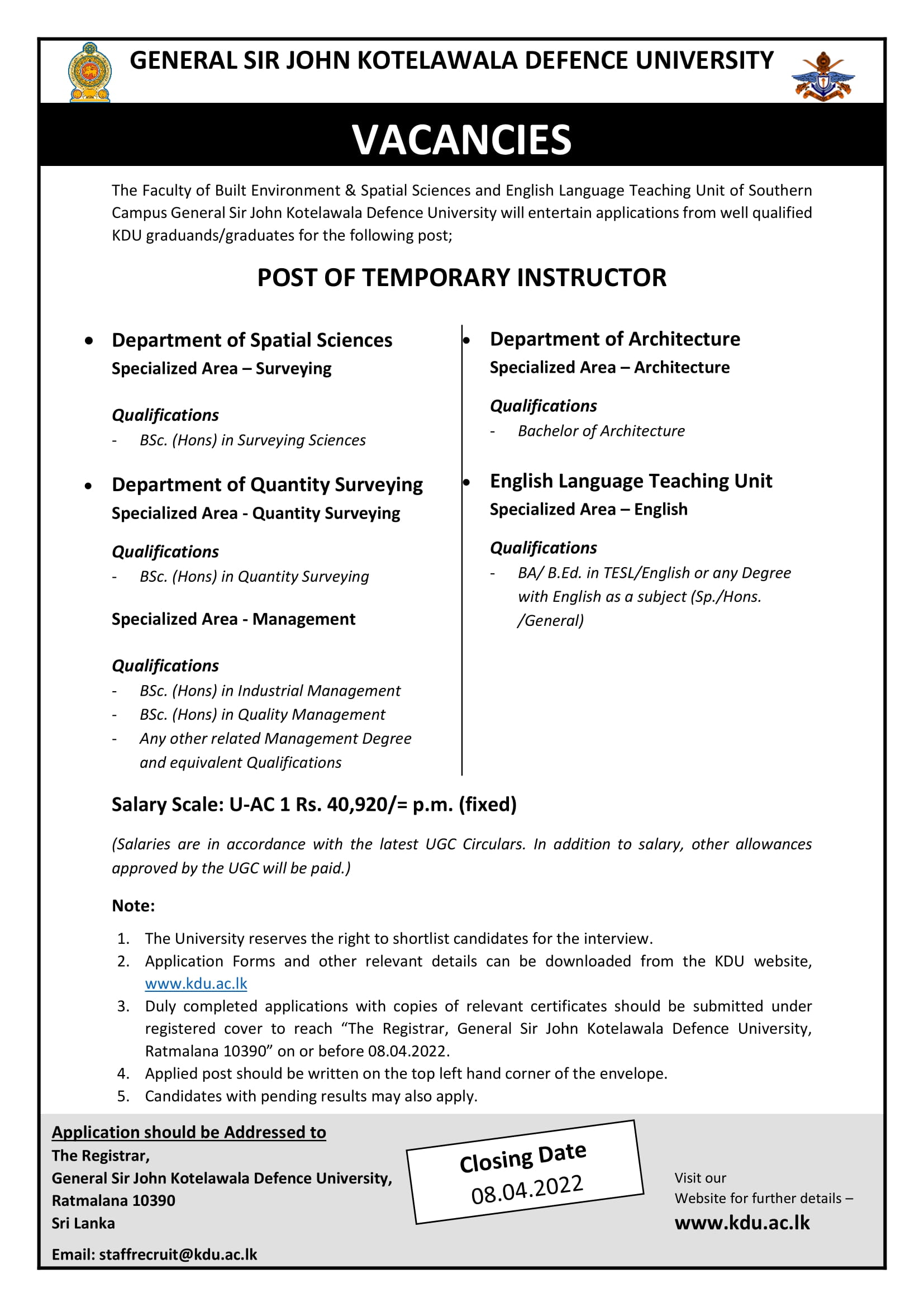 Temporary Instructor - General Sir John Kotelawala Defence University