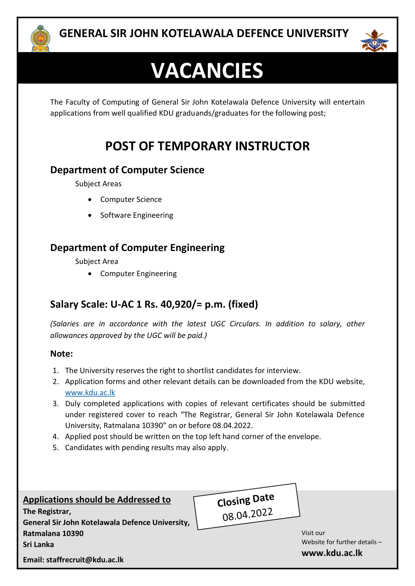 Temporary Instructor - General Sir John Kotelawala Defence University