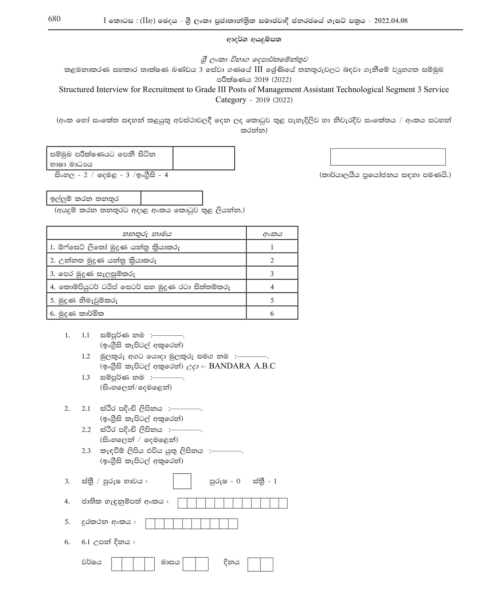 Offset Litho Printing Operator, Letterpress Machine Operator, Preprinting Planner, Computer Typesetter & Printing Designer, Printing Finisher, Printing Mechanic - Department of Examinations, Sri Lanka