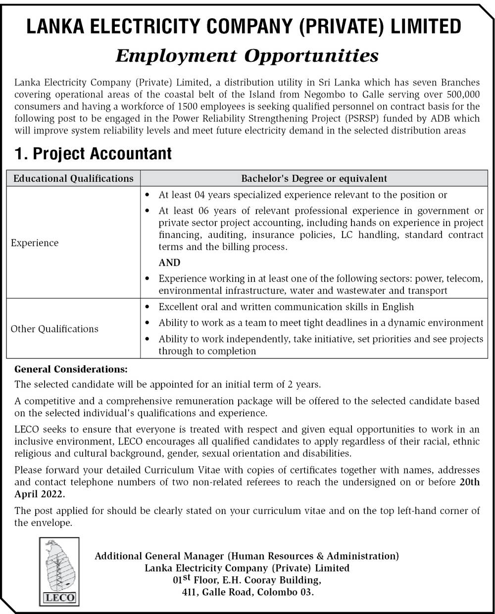 Project Accountant - Lanka Electricity Company (Private) Limited