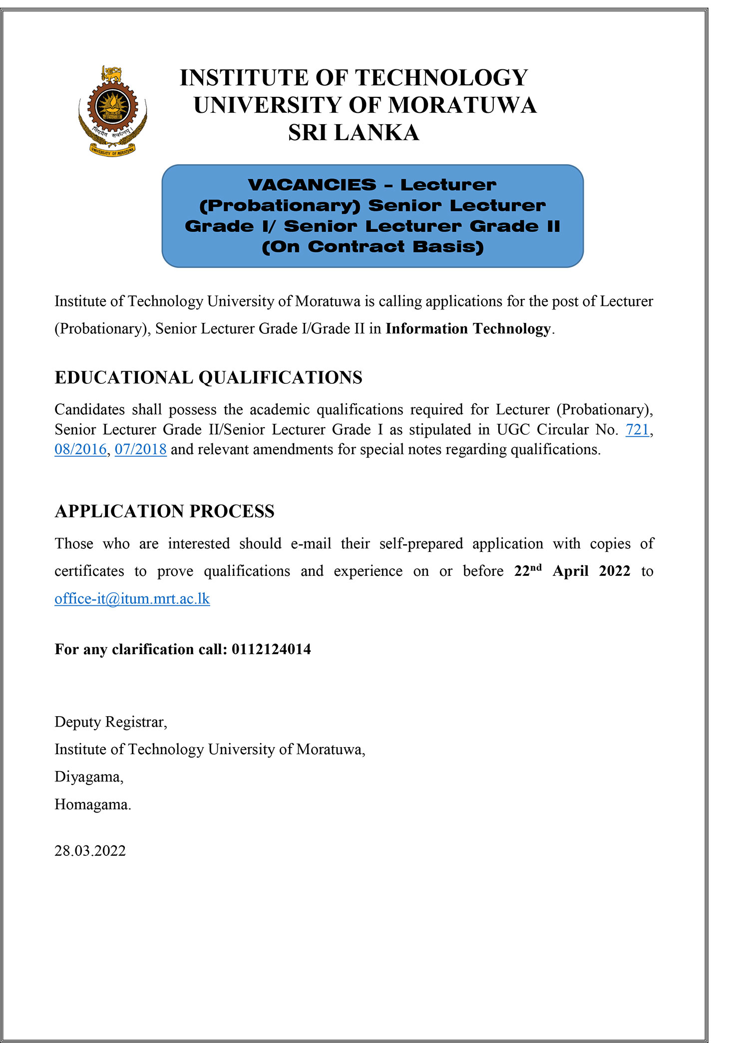 Lecturer, Senior Lecturer - Institute of Technology - University of Moratuwa