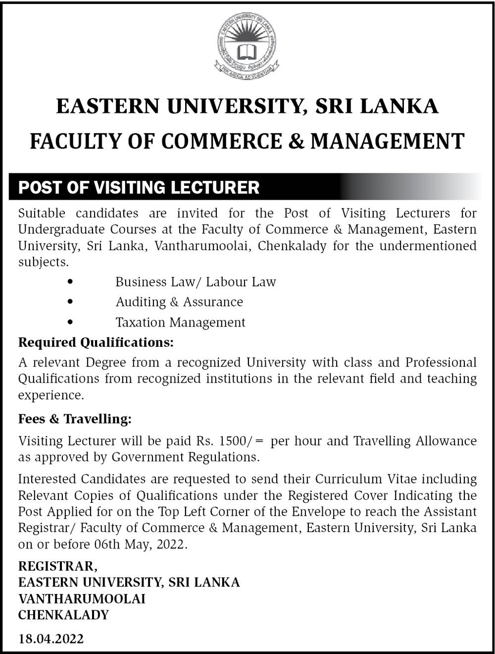 Visiting Lecturer - Faculty of Commerce & Management - Eastern University