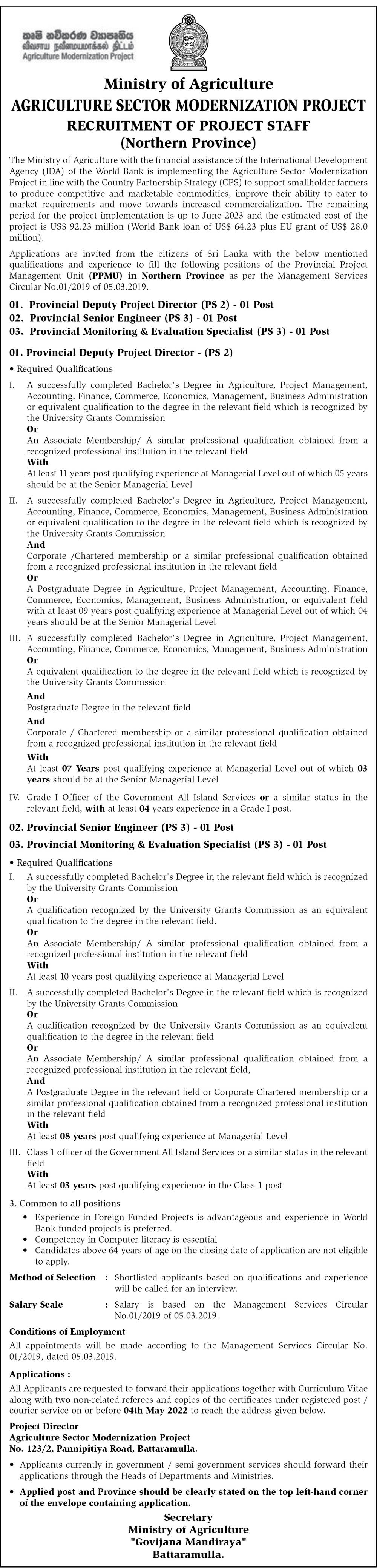 Provincial Deputy Project Director, Provincial Senior Engineer, Provincial Monitoring & Evaluation Specialist - Ministry of Agriculture