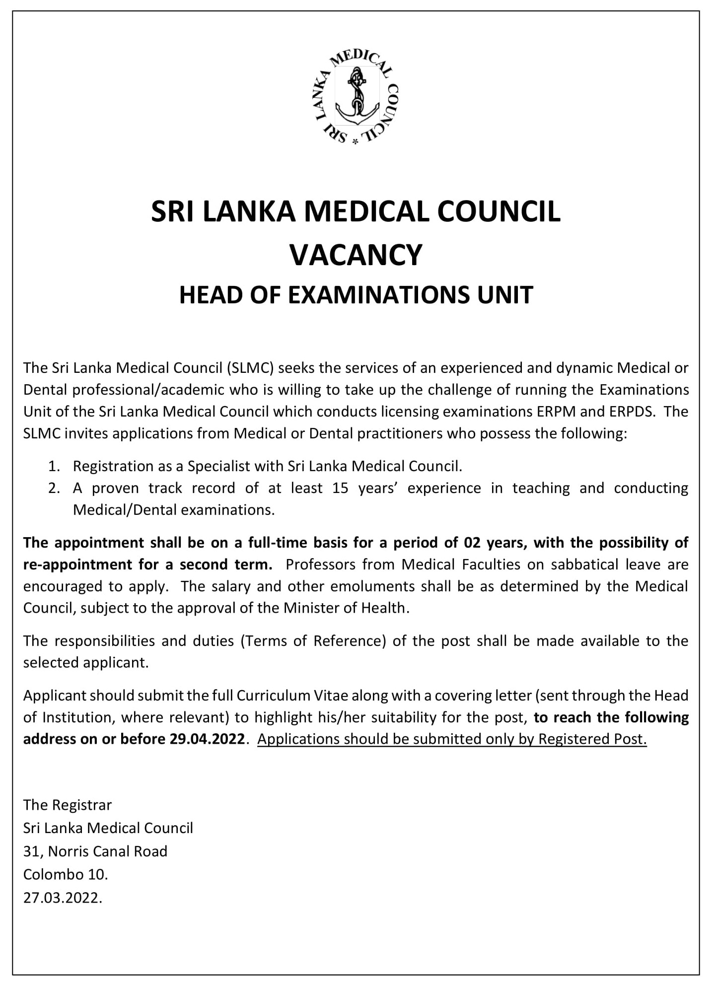 Head of Examination Unit - Sri Lanka Medical Council