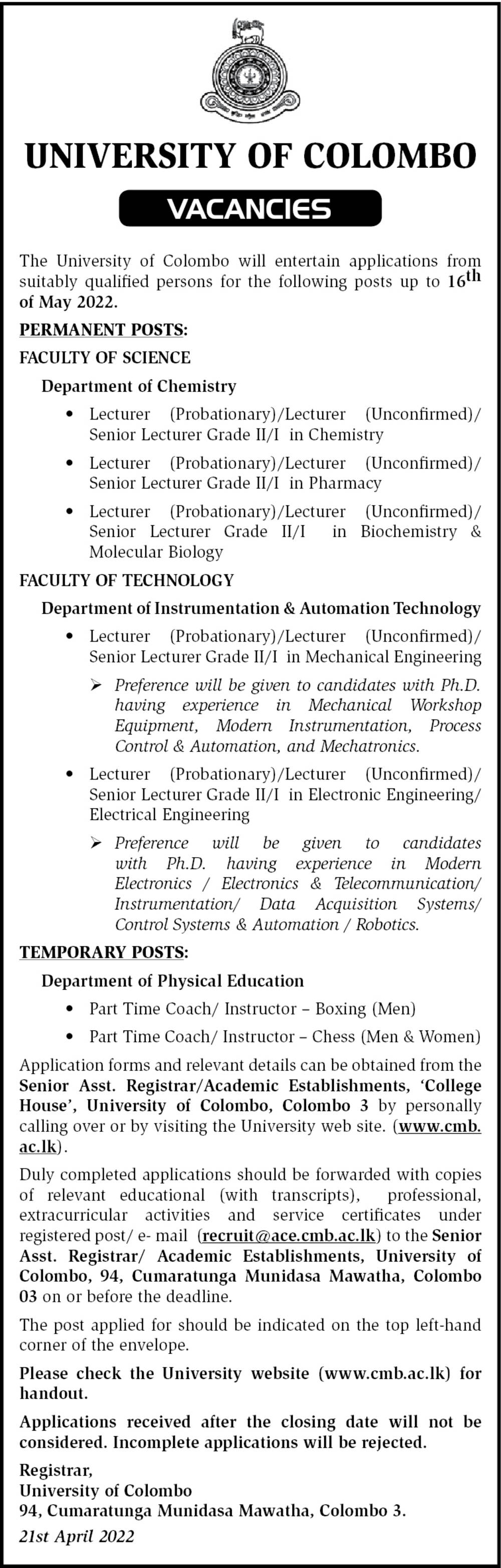 Lecturer, Senior Lecturer - University of Colombo