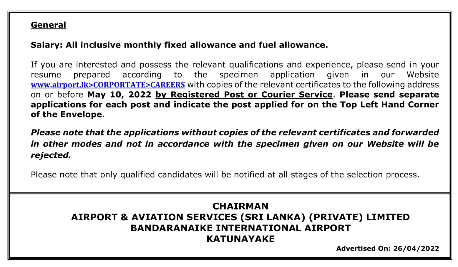 Mechanical Engineer, Electrical Engineer - Airport & Aviation Services (Sri Lanka) (Private) Limited