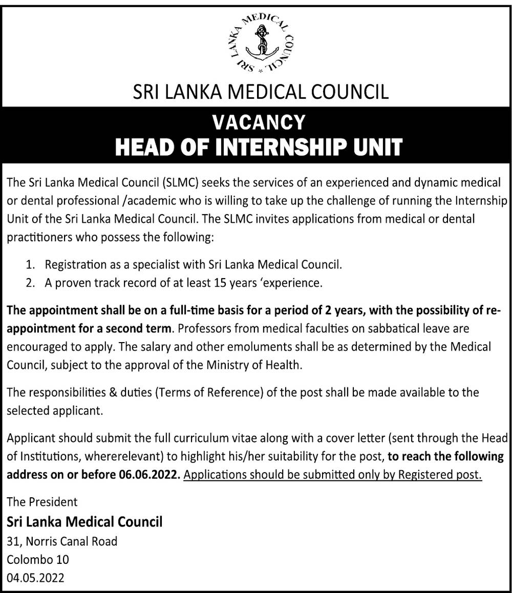 Head of Internship Unit - Sri Lanka Medical Council