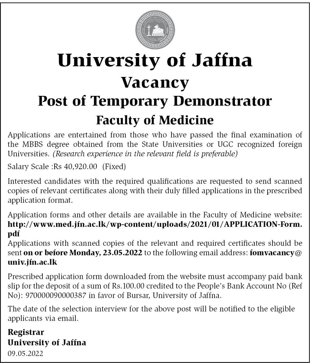 Demonstrator - University of Jaffna