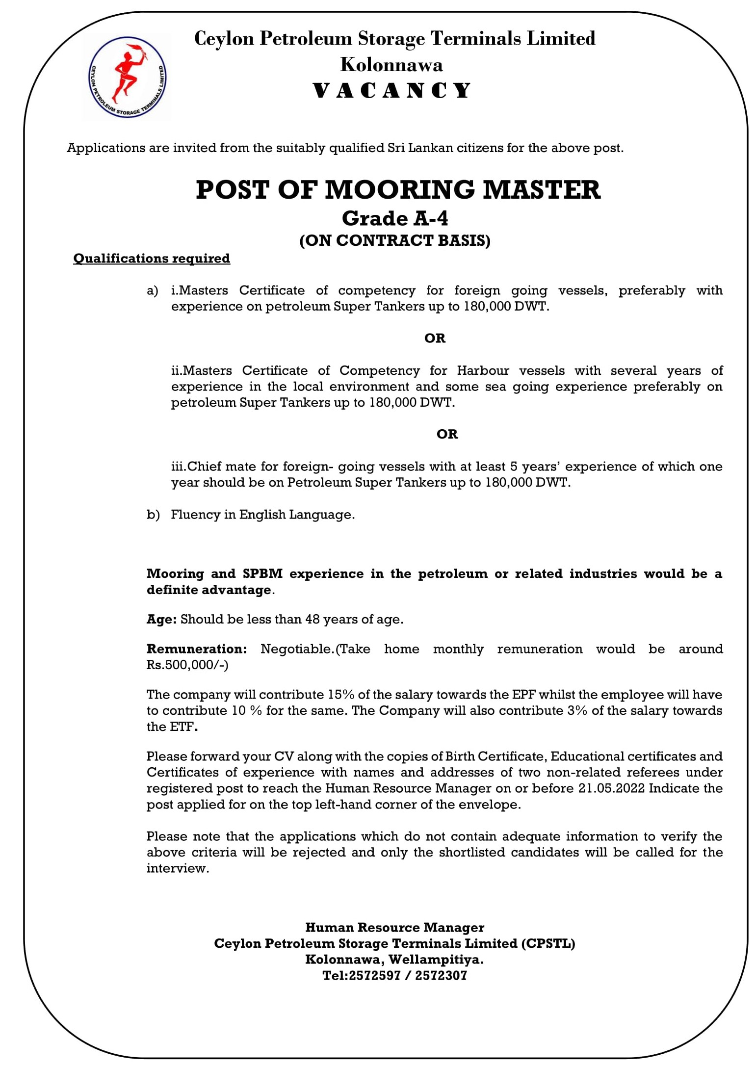 Mooring Master - Ceylon Petroleum Storage Terminals Limited