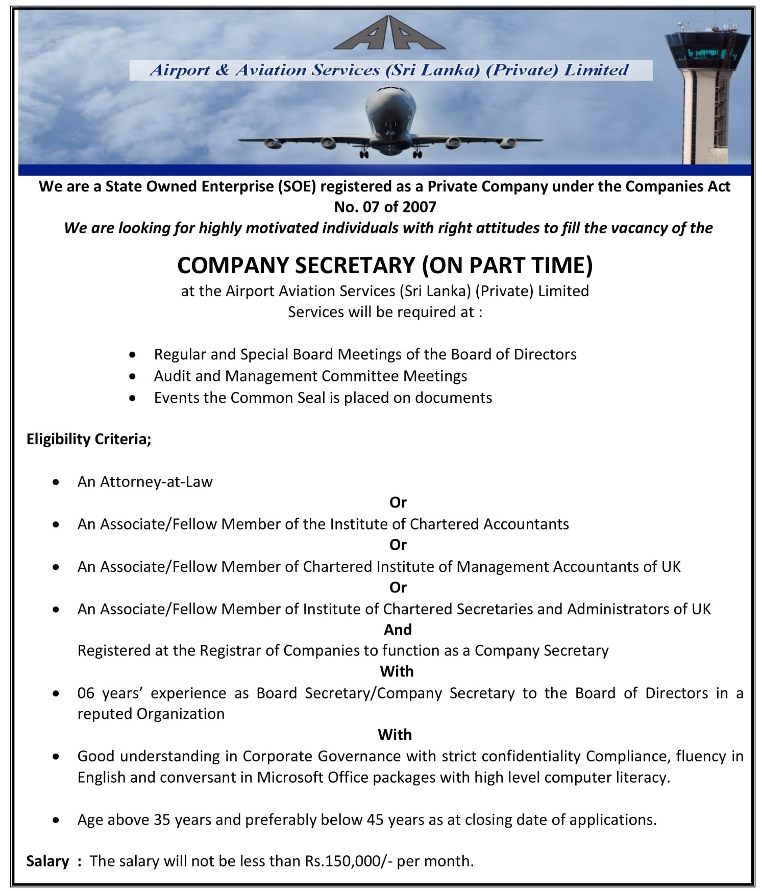 Company Secretary - Airport & Aviation Services (Sri Lanka) Limited