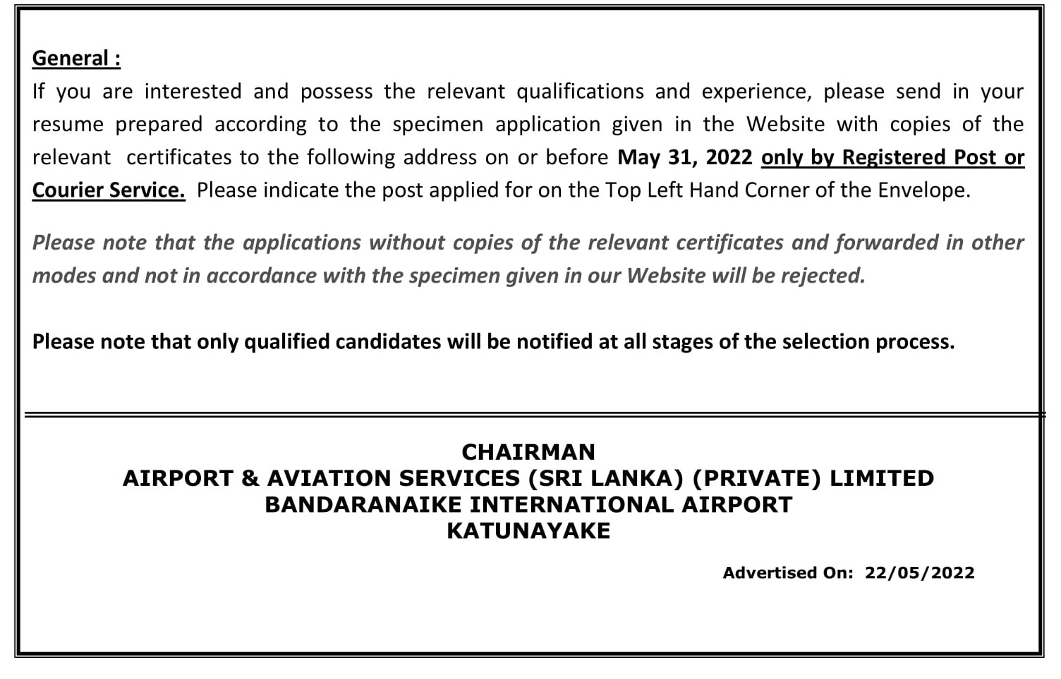 Company Secretary - Airport & Aviation Services (Sri Lanka) Limited